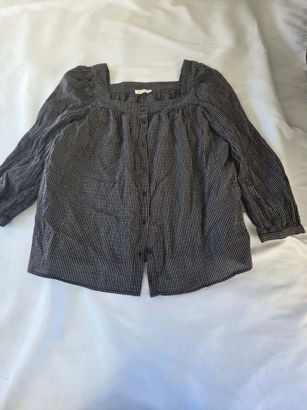 Neuflora Blouse Size L Black Tan Gingham Check